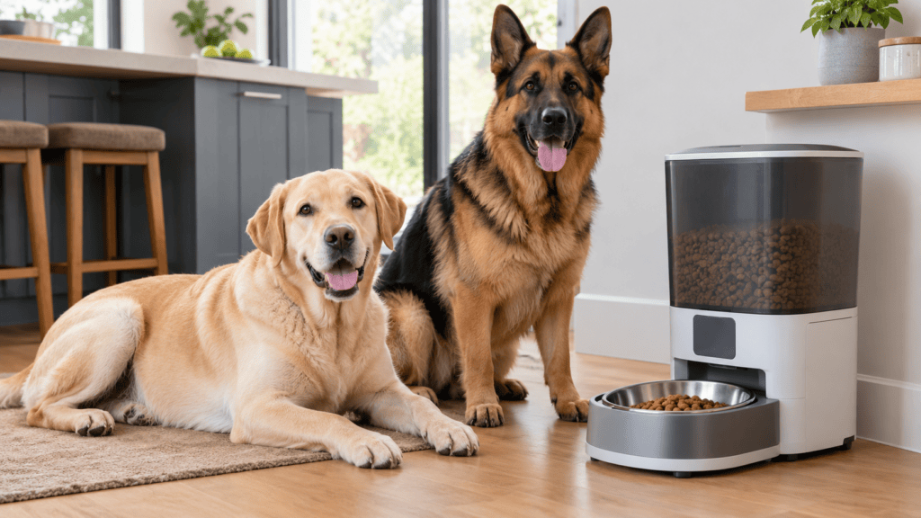 Large dogs beside an automatic dog feeder in a modern home